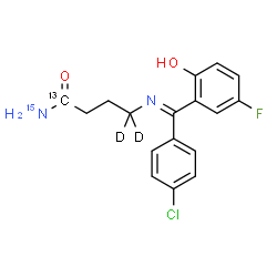ChemSpider 2D Image | 4-{(E)-[(4-Chlorophenyl)(5-fluoro-2-hydroxyphenyl)methylene]amino}(1-~13~C,4,4-~2~H_2_)butan(~15~N)amide | C1613CH14D2ClFN15NO2