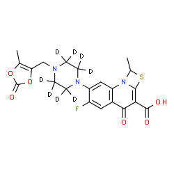 ChemSpider 2D Image | 6-Fluoro-1-methyl-7-{4-[(5-methyl-2-oxo-1,3-dioxol-4-yl)methyl](~2~H_8_)-1-piperazinyl}-4-oxo-4H-[1,3]thiazeto[3,2-a]quinoline-3-carboxylic acid | C21H12D8FN3O6S