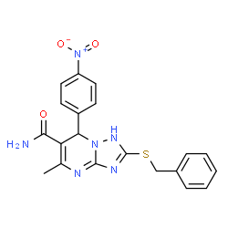 ChemSpider 2D Image | 2-(Benzylsulfanyl)-5-methyl-7-(4-nitrophenyl)-1,7-dihydro[1,2,4]triazolo[1,5-a]pyrimidine-6-carboxamide | C20H18N6O3S