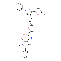 ChemSpider 2D Image | 1-[(1,5-Dimethyl-3-oxo-2-phenyl-2,3-dihydro-1H-pyrazol-4-yl)amino]-1-oxo-2-propanyl (2E)-3-[3-(5-methyl-2-furyl)-1-phenyl-1H-pyrazol-4-yl]acrylate | C31H29N5O5
