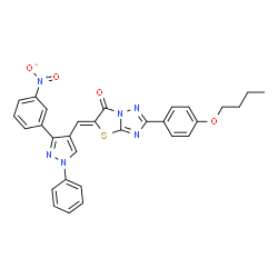 ChemSpider 2D Image | (5Z)-2-(4-Butoxyphenyl)-5-{[3-(3-nitrophenyl)-1-phenyl-1H-pyrazol-4-yl]methylene}[1,3]thiazolo[3,2-b][1,2,4]triazol-6(5H)-one | C30H24N6O4S