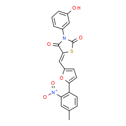 ChemSpider 2D Image | (5Z)-3-(3-Hydroxyphenyl)-5-{[5-(4-methyl-2-nitrophenyl)-2-furyl]methylene}-1,3-thiazolidine-2,4-dione | C21H14N2O6S