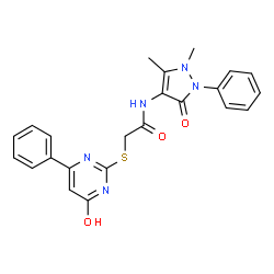 ChemSpider 2D Image | acetamide, N-(2,3-dihydro-1,5-dimethyl-3-oxo-2-phenyl-1H-pyrazol-4-yl)-2-[(1,6-dihydro-6-oxo-4-phenyl-2-pyrimidinyl)thio]- | C23H21N5O3S