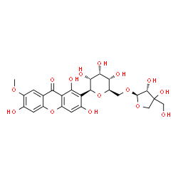 ChemSpider 2D Image | (1S)-1,5-Anhydro-6-O-[(2R,3R)-3,4-dihydroxy-4-(hydroxymethyl)tetrahydro-2-furanyl]-1-(1,3,6-trihydroxy-7-methoxy-9-oxo-9H-xanthen-2-yl)-D-allitol | C25H28O15