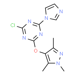 ChemSpider 2D Image | 2-Chloro-4-(1H-imidazol-1-yl)-6-[(1,3,5-trimethyl-1H-pyrazol-4-yl)oxy]-1,3,5-triazine | C12H12ClN7O