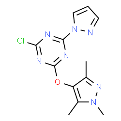 ChemSpider 2D Image | 2-Chloro-4-(1H-pyrazol-1-yl)-6-[(1,3,5-trimethyl-1H-pyrazol-4-yl)oxy]-1,3,5-triazine | C12H12ClN7O