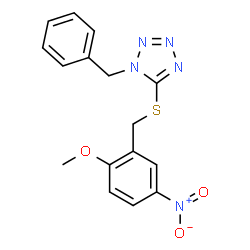 ChemSpider 2D Image | 1-Benzyl-5-(2-methoxy-5-nitro-benzylsulfanyl)-1H-tetrazole | C16H15N5O3S