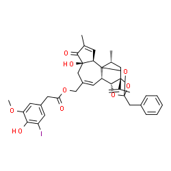 ChemSpider 2D Image | [(2R,6R,10S,11R,15R,17R)-13-Benzyl-6-hydroxy-15-isopropenyl-4,17-dimethyl-5-oxo-12,14,18-trioxapentacyclo[11.4.1.0~1,10~.0~2,6~.0~11,15~]octadeca-3,8-dien-8-yl]methyl (4-hydroxy-3-iodo-5-methoxyphenyl
)acetate | C37H39IO9