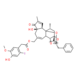 ChemSpider 2D Image | [(2R,6R,11R,13S,15R,17R)-13-Benzyl-6-hydroxy-15-isopropenyl-4,17-dimethyl-5-oxo-12,14,18-trioxapentacyclo[11.4.1.0~1,10~.0~2,6~.0~11,15~]octadeca-3,8-dien-8-yl]methyl (4-hydroxy-2-iodo-5-methoxyphenyl
)acetate | C37H39IO9