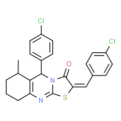 ChemSpider 2D Image | (2E)-2-(4-Chlorobenzylidene)-5-(4-chlorophenyl)-6-methyl-6,7,8,9-tetrahydro-5H-[1,3]thiazolo[2,3-b]quinazolin-3(2H)-one | C24H20Cl2N2OS