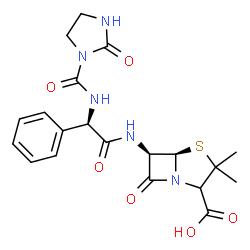 ChemSpider 2D Image | (5R,6R)-3,3-Dimethyl-7-oxo-6-{[(2R)-2-{[(2-oxo-1-imidazolidinyl)carbonyl]amino}-2-phenylacetyl]amino}-4-thia-1-azabicyclo[3.2.0]heptane-2-carboxylic acid | C20H23N5O6S