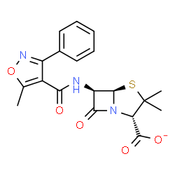 ChemSpider 2D Image | (2S,5R,6R)-3,3-Dimethyl-6-{[(5-methyl-3-phenyl-1,2-oxazol-4-yl)carbonyl]amino}-7-oxo-4-thia-1-azabicyclo[3.2.0]heptane-2-carboxylate | C19H18N3O5S