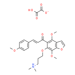 ChemSpider 2D Image | 3-({4,7-Dimethoxy-5-[(2E)-3-(4-methoxyphenyl)-2-propenoyl]-1-benzofuran-6-yl}oxy)-N,N-dimethyl-1-propanaminium hydrogen oxalate | C27H31NO10