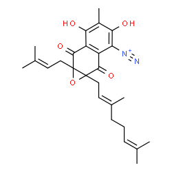 ChemSpider 2D Image | 1a-[(2E)-3,7-Dimethyl-2,6-octadien-1-yl]-4,6-dihydroxy-5-methyl-7a-(3-methyl-2-buten-1-yl)-2,7-dioxo-1a,2,7,7a-tetrahydronaphtho[2,3-b]oxirene-3-diazonium | C26H31N2O5