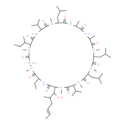 ChemSpider 2D Image | 24-sec-Butyl-30-ethyl-33-[(4E)-1-hydroxy-2-methyl-4-hexen-1-yl]-6,9,18-triisobutyl-3,21-diisopropyl-1,4,7,10,12,15,19,25,28-nonamethyl-1,4,7,10,13,16,19,22,25,28,31-undecaazacyclotritriacontane-2,5,8,
11,14,17,20,23,26,29,32-undecone | C62H111N11O12