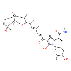 ChemSpider 2D Image | (2S)-2-{(2S)-4-{(2E,4E,6R)-6-[(1S,2S,5S,6S,7S)-1,6-Dimethylspiro[8,9-dioxabicyclo[3.3.1]non-3-ene-2,2'-oxiran]-7-yl]-4-methyl-2,4-heptadienoyl}-5-hydroxy-1-[(2S,5S,6S)-5-hydroxy-6-methyltetrahydro-2H-
pyran-2-yl]-3-oxo-2,3-dihydro-1H-pyrrol-2-yl}-N-methylpropanamide | C32H44N2O9