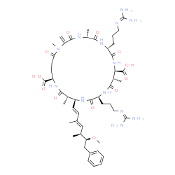 ChemSpider 2D Image | (5R,8R,11R,12S,15S,18S,19S,22R)-8,15-Bis{3-[(diaminomethylene)amino]propyl}-18-[(1E,3E,5S,6S)-6-methoxy-3,5-dimethyl-7-phenyl-1,3-heptadien-1-yl]-1,5,12,19-tetramethyl-2-methylene-3,6,9,13,16,20,25-he
ptaoxo-1,4,7,10,14,17,21-heptaazacyclopentacosane-11,22-dicarboxylic acid | C49H75N13O12