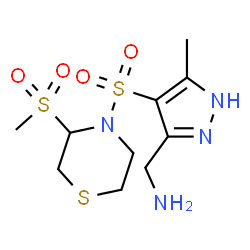 ChemSpider 2D Image | 1-(5-Methyl-4-{[3-(methylsulfonyl)-4-thiomorpholinyl]sulfonyl}-1H-pyrazol-3-yl)methanamine | C10H18N4O4S3