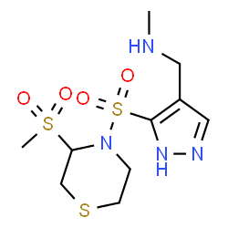 ChemSpider 2D Image | N-Methyl-1-(5-{[3-(methylsulfonyl)-4-thiomorpholinyl]sulfonyl}-1H-pyrazol-4-yl)methanamine | C10H18N4O4S3