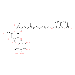 ChemSpider 2D Image | (3S,6E,10E)-2-Hydroxy-2,6,10-trimethyl-12-[(2-oxo-2H-chromen-7-yl)oxy]-6,10-dodecadien-3-yl 2-O-beta-D-glucopyranosyl-beta-D-glucopyranoside | C36H52O15