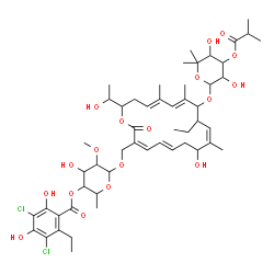 ChemSpider 2D Image | 6-{[(3Z,5E,9Z,13E,15E)-12-{[3,5-Dihydroxy-4-(isobutyryloxy)-6,6-dimethyltetrahydro-2H-pyran-2-yl]oxy}-11-ethyl-8-hydroxy-18-(1-hydroxyethyl)-9,13,15-trimethyl-2-oxooxacyclooctadeca-3,5,9,13,15-pentaen
-3-yl]methoxy}-4-hydroxy-5-methoxy-2-methyltetrahydro-2H-pyran-3-yl 3,5-dichloro-2-ethyl-4,6-dihydroxybenzoate | C52H74Cl2O18