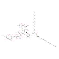 ChemSpider 2D Image | (4E)-3-Hydroxy-2-(stearoylamino)-4-octadecen-1-yl 2-acetamido-2-deoxy-beta-D-galactopyranosyl-(1->4)-[(6S)-5-amino-6-[(1R)-3-({(6S)-5-amino-3,5-dideoxy-6-[(1S)-1,2,3-trihydroxypropyl]-alpha-D-threo-he
x-2-ulopyranonosyl}oxy)-1,2-dihydroxypropyl]-3,5-dideoxy-alpha-D-threo-hex-2-ulopyranonosyl-(2->3)]-beta-D-galactopyranosyl-(1->4)-beta-D-glucopyranoside | C74H134N4O32