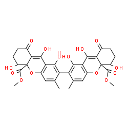 ChemSpider 2D Image | Dimethyl 1,1',5,5',9,9'-hexahydroxy-3,3'-dimethyl-8,8'-dioxo-5,5',6,6',7,7',8,8'-octahydro-10aH,10a'H-2,2'-bixanthene-10a,10a'-dicarboxylate | C32H30O14