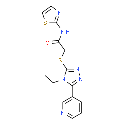 ChemSpider 2D Image | 2-{[4-Ethyl-5-(3-pyridinyl)-4H-1,2,4-triazol-3-yl]sulfanyl}-N-(1,3-thiazol-2-yl)acetamide | C14H14N6OS2