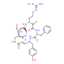 ChemSpider 2D Image | 2-{3-[(3R,7R,11E,16S,21aS)-7-Benzyl-16-formamido-10-(4-hydroxybenzyl)-1,4,5,8,13,17-hexaoxo-2,3,4,5,6,7,8,9,10,13,14,15,16,17,19,20,21,21a-octadecahydro-1H-pyrrolo[2,1-j][1,4,8,11,15]pentaazacyclonona
decin-3-yl]propyl}guanidine | C36H45N9O8