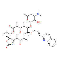 ChemSpider 2D Image | (3aS,4S,7R,9R,10R,11S,13R,15S,15aR)-4-Ethyl-3a,7,9,11,13,15-hexamethyl-2,6,8,14-tetraoxo-11-{[(2E)-3-(2-quinolinyl)-2-propen-1-yl]oxy}tetradecahydro-2H-oxacyclotetradecino[4,3-d][1,3]oxazol-10-yl 3,4,
6-trideoxy-3-(dimethylamino)-beta-D-xylo-hexopyranoside | C42H59N3O10