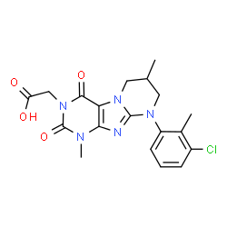 ChemSpider 2D Image | [9-(3-Chloro-2-methylphenyl)-1,7-dimethyl-2,4-dioxo-1,4,6,7,8,9-hexahydropyrimido[2,1-f]purin-3(2H)-yl]acetic acid | C19H20ClN5O4