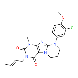 ChemSpider 2D Image | 3-[(2E)-2-Buten-1-yl]-9-(3-chloro-4-methoxyphenyl)-1-methyl-6,7,8,9-tetrahydropyrimido[2,1-f]purine-2,4(1H,3H)-dione | C20H22ClN5O3