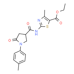 ChemSpider 2D Image | Ethyl 4-methyl-2-({[1-(4-methylphenyl)-5-oxo-3-pyrrolidinyl]carbonyl}amino)-1,3-thiazole-5-carboxylate | C19H21N3O4S