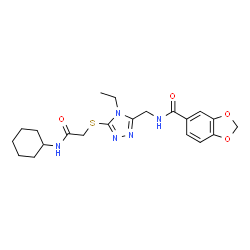 ChemSpider 2D Image | N-[(5-{[2-(Cyclohexylamino)-2-oxoethyl]sulfanyl}-4-ethyl-4H-1,2,4-triazol-3-yl)methyl]-1,3-benzodioxole-5-carboxamide | C21H27N5O4S