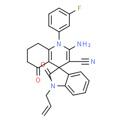 ChemSpider 2D Image | 1-Allyl-2'-amino-1'-(3-fluorophenyl)-2,5'-dioxo-1,2,5',6',7',8'-hexahydro-1'H-spiro[indole-3,4'-quinoline]-3'-carbonitrile | C26H21FN4O2
