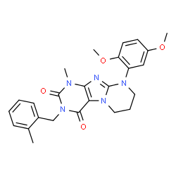 ChemSpider 2D Image | 9-(2,5-Dimethoxyphenyl)-1-methyl-3-(2-methylbenzyl)-6,7,8,9-tetrahydropyrimido[2,1-f]purine-2,4(1H,3H)-dione | C25H27N5O4