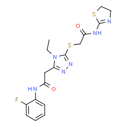 ChemSpider 2D Image | 2-(5-{[2-(4,5-Dihydro-1,3-thiazol-2-ylamino)-2-oxoethyl]sulfanyl}-4-ethyl-4H-1,2,4-triazol-3-yl)-N-(2-fluorophenyl)acetamide | C17H19FN6O2S2