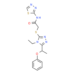 ChemSpider 2D Image | 2-{[4-Ethyl-5-(1-phenoxyethyl)-4H-1,2,4-triazol-3-yl]sulfanyl}-N-(1,3,4-thiadiazol-2-yl)acetamide | C16H18N6O2S2