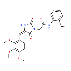 ChemSpider 2D Image | 1-imidazolidineacetamide, N-(2-ethylphenyl)-2,5-dioxo-4-[(2,3,4-trimethoxyphenyl)methylene]-, (4E)- | C23H25N3O6