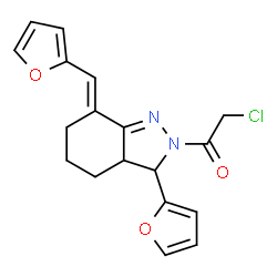 ChemSpider 2D Image | 2-Chloro-1-[(7E)-3-(2-furyl)-7-(2-furylmethylene)-3,3a,4,5,6,7-hexahydro-2H-indazol-2-yl]ethanone | C18H17ClN2O3