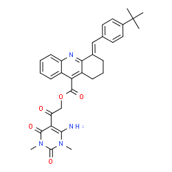 ChemSpider 2D Image | 2-(6-Amino-1,3-dimethyl-2,4-dioxo-1,2,3,4-tetrahydro-5-pyrimidinyl)-2-oxoethyl (4E)-4-[4-(2-methyl-2-propanyl)benzylidene]-1,2,3,4-tetrahydro-9-acridinecarboxylate | C33H34N4O5