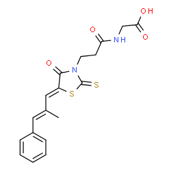 ChemSpider 2D Image | N-(3-{(5Z)-5-[(2E)-2-Methyl-3-phenyl-2-propen-1-ylidene]-4-oxo-2-thioxo-1,3-thiazolidin-3-yl}propanoyl)glycine | C18H18N2O4S2