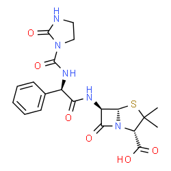 ChemSpider 2D Image | (2S,5S,6R)-3,3-Dimethyl-7-oxo-6-{[(2R)-2-{[(2-oxo-1-imidazolidinyl)carbonyl]amino}-2-phenylacetyl]amino}-4-thia-1-azabicyclo[3.2.0]heptane-2-carboxylic acid | C20H23N5O6S