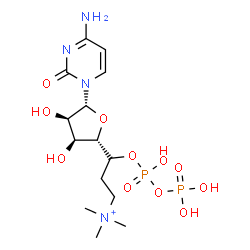 ChemSpider 2D Image | (3S)-3-[(2S,3S,4R,5R)-5-(4-Amino-2-oxo-1(2H)-pyrimidinyl)-3,4-dihydroxytetrahydro-2-furanyl]-3-{[hydroxy(phosphonooxy)phosphoryl]oxy}-N,N,N-trimethyl-1-propanaminium | C14H27N4O11P2