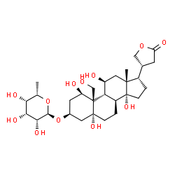 ChemSpider 2D Image | (1beta,3beta,5alpha,8alpha,9beta,11beta,14alpha,17alpha)-3-[(6-Deoxy-alpha-L-talopyranosyl)oxy]-1,5,11,14,19-pentahydroxycardanolide | C29H46O12