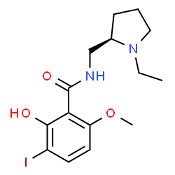 ChemSpider 2D Image | N-{[(2R)-1-Ethyl-2-pyrrolidinyl]methyl}-2-hydroxy-3-iodo-6-methoxybenzamide | C15H21IN2O3