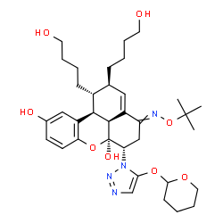 ChemSpider 2D Image | (1R,2R,6S,6aS,11bS,11cS)-1,2-Bis(4-hydroxybutyl)-4-{[(2-methyl-2-propanyl)oxy]imino}-6-[5-(tetrahydro-2H-pyran-2-yloxy)-1H-1,2,3-triazol-1-yl]-2,4,5,6,11b,11c-hexahydrobenzo[kl]xanthene-6a,10(1H)-diol | C35H50N4O8