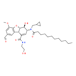 ChemSpider 2D Image | (3R,4S,4aS,9bS)-3-[(Cyclopropylmethyl)(dodecanoyl)amino]-8-formyl-4-hydroxy-N-(2-hydroxyethyl)-6-methoxy-3,4,4a,9b-tetrahydrodibenzo[b,d]furan-1-carboxamide | C33H48N2O7