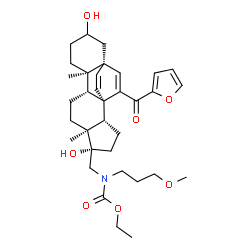 ChemSpider 2D Image | Ethyl {[(1R,2S,5S,6S,9R,10R,15R)-17-(2-furoyl)-5,13-dihydroxy-6,10-dimethylpentacyclo[13.2.2.0~1,9~.0~2,6~.0~10,15~]nonadeca-16,18-dien-5-yl]methyl}(3-methoxypropyl)carbamate | C34H47NO7