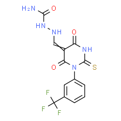 ChemSpider 2D Image | 2-({4,6-Dioxo-2-thioxo-1-[3-(trifluoromethyl)phenyl]tetrahydro-5(2H)-pyrimidinylidene}methyl)hydrazinecarboxamide | C13H10F3N5O3S